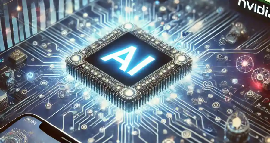 A futuristic illustration featuring an AI circuit board, a declining Nvidia stock graph, an AI-powered iPhone, and a rising Apple stock chart.