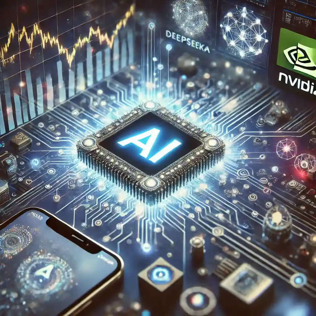 A futuristic illustration featuring an AI circuit board, a declining Nvidia stock graph, an AI-powered iPhone, and a rising Apple stock chart.