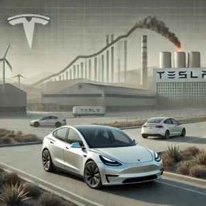 Une illustration réaliste représentant les défis de Tesla en 2024, montrant une Tesla Model Y près d'une installation industrielle avec des indices symbolisant la baisse des ventes et la concurrence croissante.