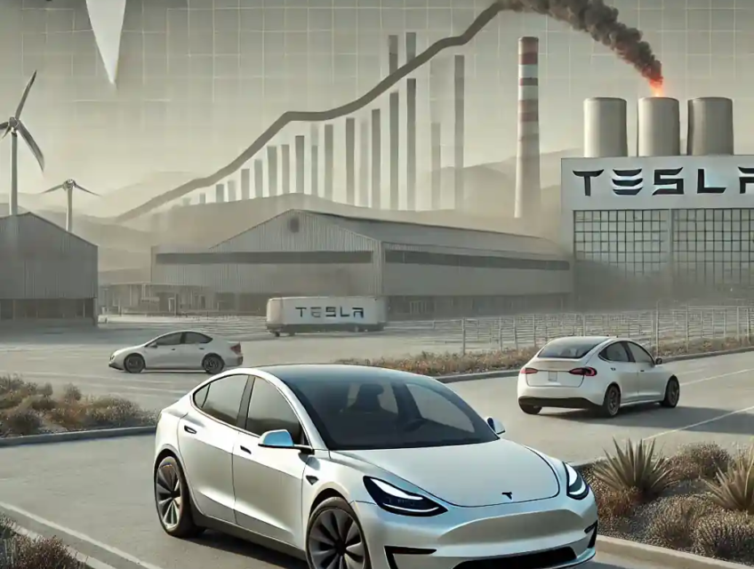 Une illustration réaliste représentant les défis de Tesla en 2024, montrant une Tesla Model Y près d'une installation industrielle avec des indices symbolisant la baisse des ventes et la concurrence croissante.