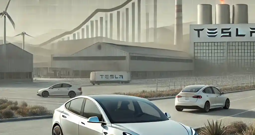 Une illustration réaliste représentant les défis de Tesla en 2024, montrant une Tesla Model Y près d'une installation industrielle avec des indices symbolisant la baisse des ventes et la concurrence croissante.