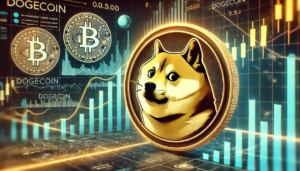 Illustration représentant le Dogecoin avec des graphiques de volatilité et un système de paiement futuriste en arrière-plan.