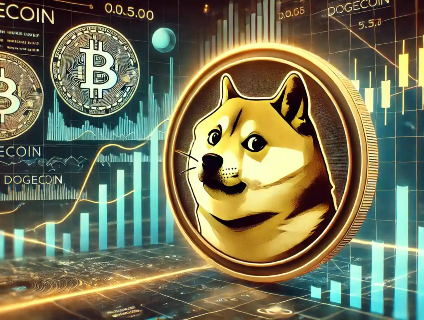Illustration représentant le Dogecoin avec des graphiques de volatilité et un système de paiement futuriste en arrière-plan.