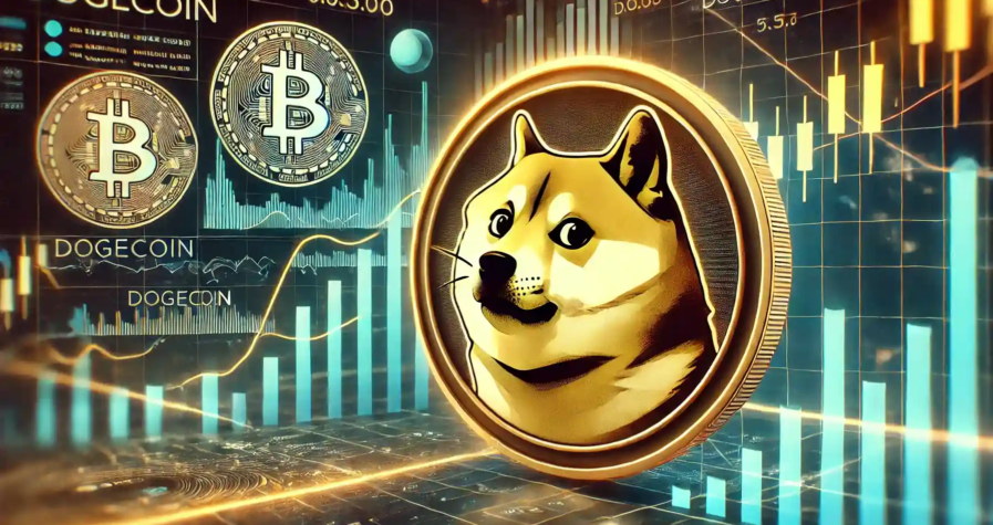 Illustration représentant le Dogecoin avec des graphiques de volatilité et un système de paiement futuriste en arrière-plan.