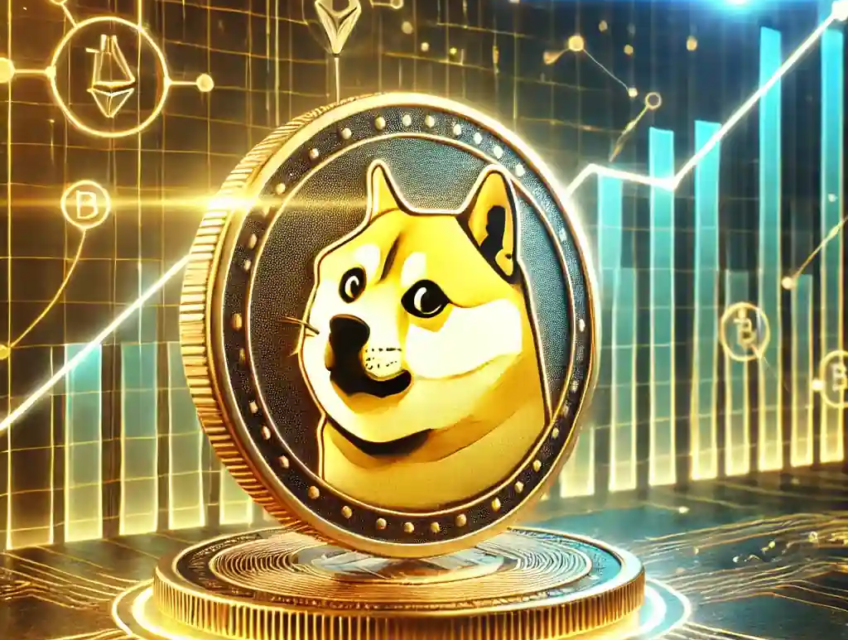 A golden Dogecoin coin glowing against a futuristic digital matrix background, with a rising graph and abstract cryptocurrency tokens.