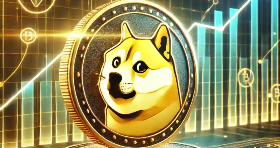 A golden Dogecoin coin glowing against a futuristic digital matrix background, with a rising graph and abstract cryptocurrency tokens.