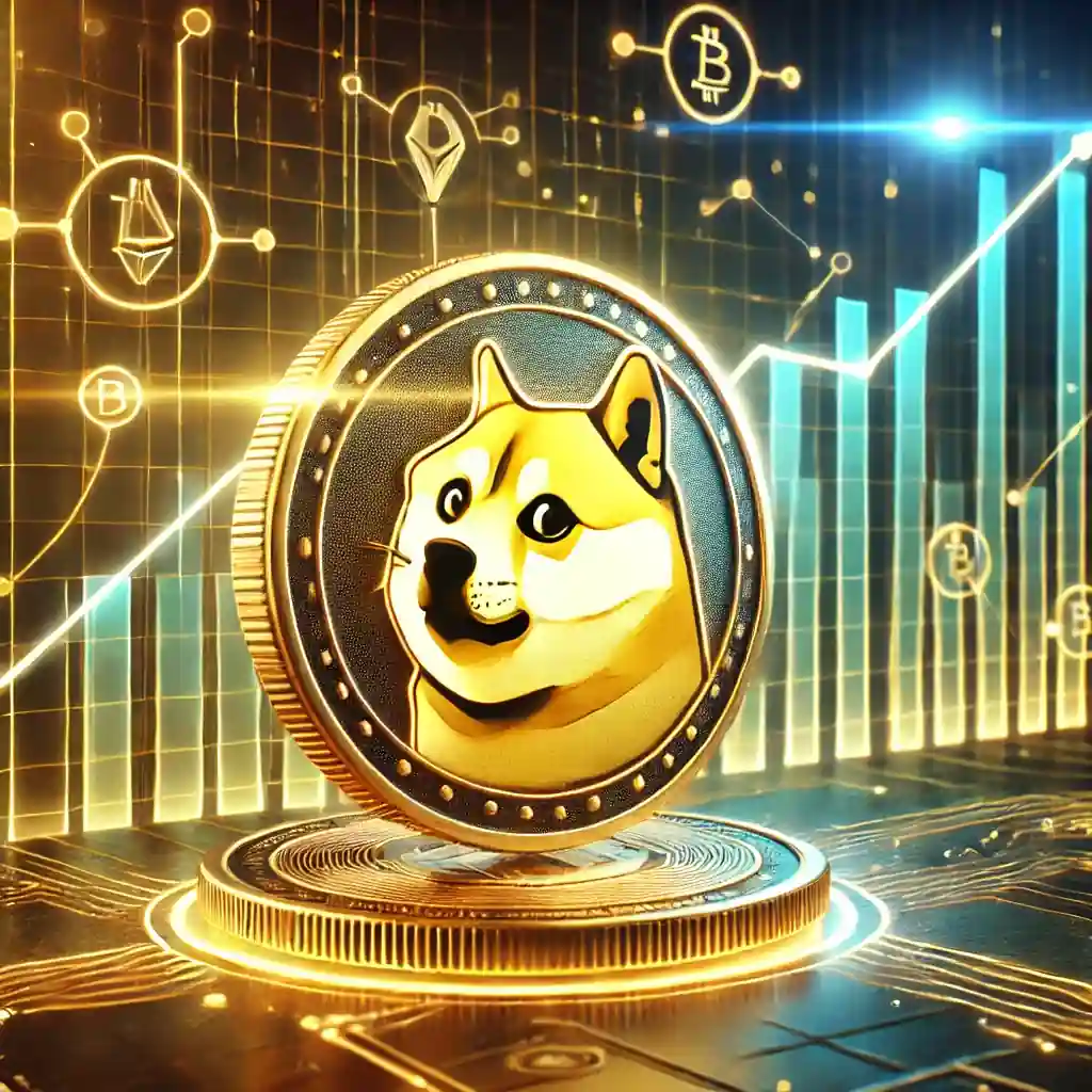 A golden Dogecoin coin glowing against a futuristic digital matrix background, with a rising graph and abstract cryptocurrency tokens.