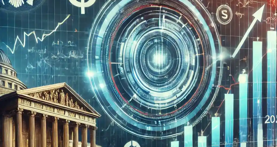 A dynamic digital illustration depicting a bustling financial market scene with screens displaying fluctuating stock prices, a rising Nasdaq 100 graph, and icons symbolizing inflation and monetary policies. A federal building and dollar symbols subtly appear in the background.