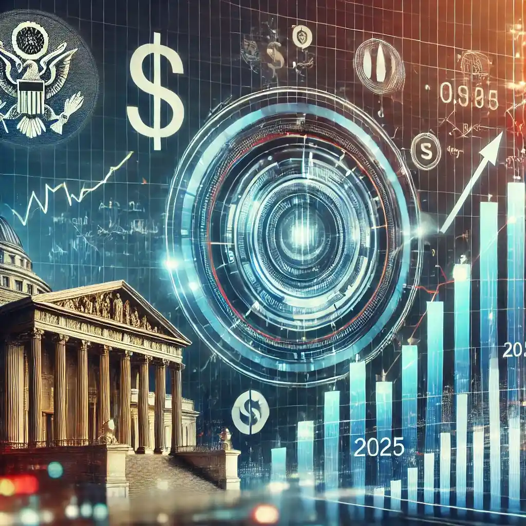 A dynamic digital illustration depicting a bustling financial market scene with screens displaying fluctuating stock prices, a rising Nasdaq 100 graph, and icons symbolizing inflation and monetary policies. A federal building and dollar symbols subtly appear in the background.