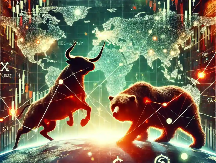 A digital illustration depicting global financial market dynamics with Wall Street imagery, a bull and bear symbolizing market volatility, graphs of stock fluctuations, and interconnected lines highlighting European and Asian market connections.