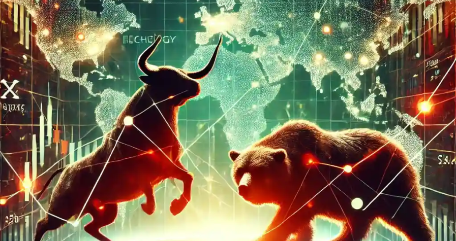 A digital illustration depicting global financial market dynamics with Wall Street imagery, a bull and bear symbolizing market volatility, graphs of stock fluctuations, and interconnected lines highlighting European and Asian market connections.