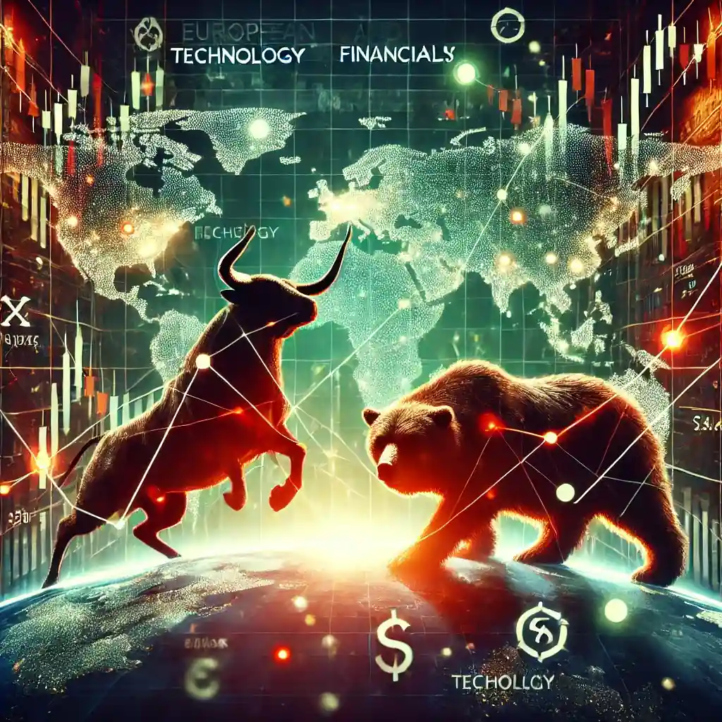 A digital illustration depicting global financial market dynamics with Wall Street imagery, a bull and bear symbolizing market volatility, graphs of stock fluctuations, and interconnected lines highlighting European and Asian market connections.
