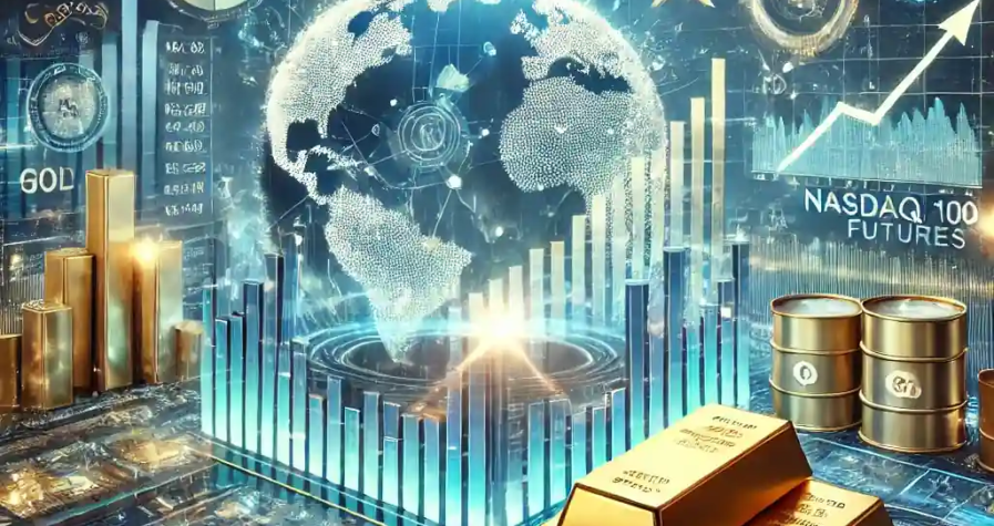 A modern digital illustration of a stock market environment, showcasing US stock futures, gold bars, and financial graphs with currency symbols in the background.