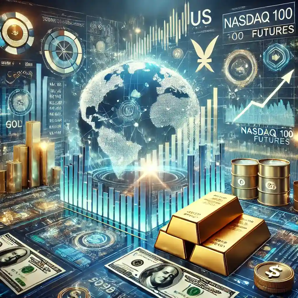 A modern digital illustration of a stock market environment, showcasing US stock futures, gold bars, and financial graphs with currency symbols in the background.