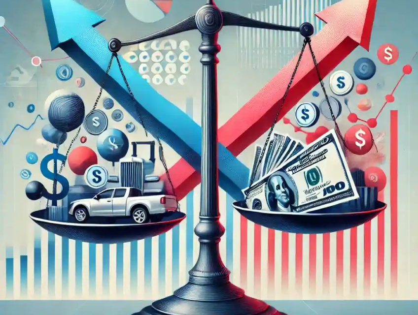 A modern depiction of the economic impact of tariffs, featuring a balance scale with goods and currency, surrounded by inflation and deflation symbols in an abstract background.