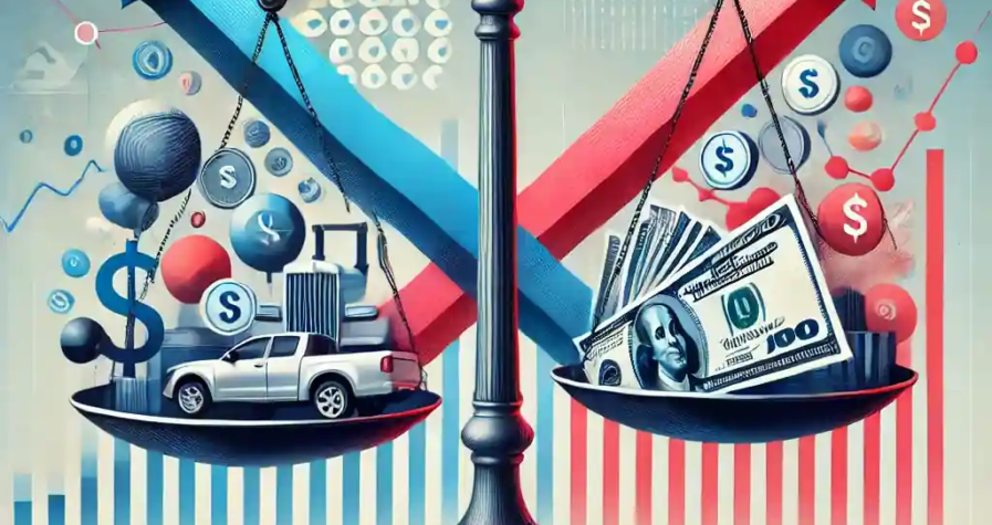 A modern depiction of the economic impact of tariffs, featuring a balance scale with goods and currency, surrounded by inflation and deflation symbols in an abstract background.