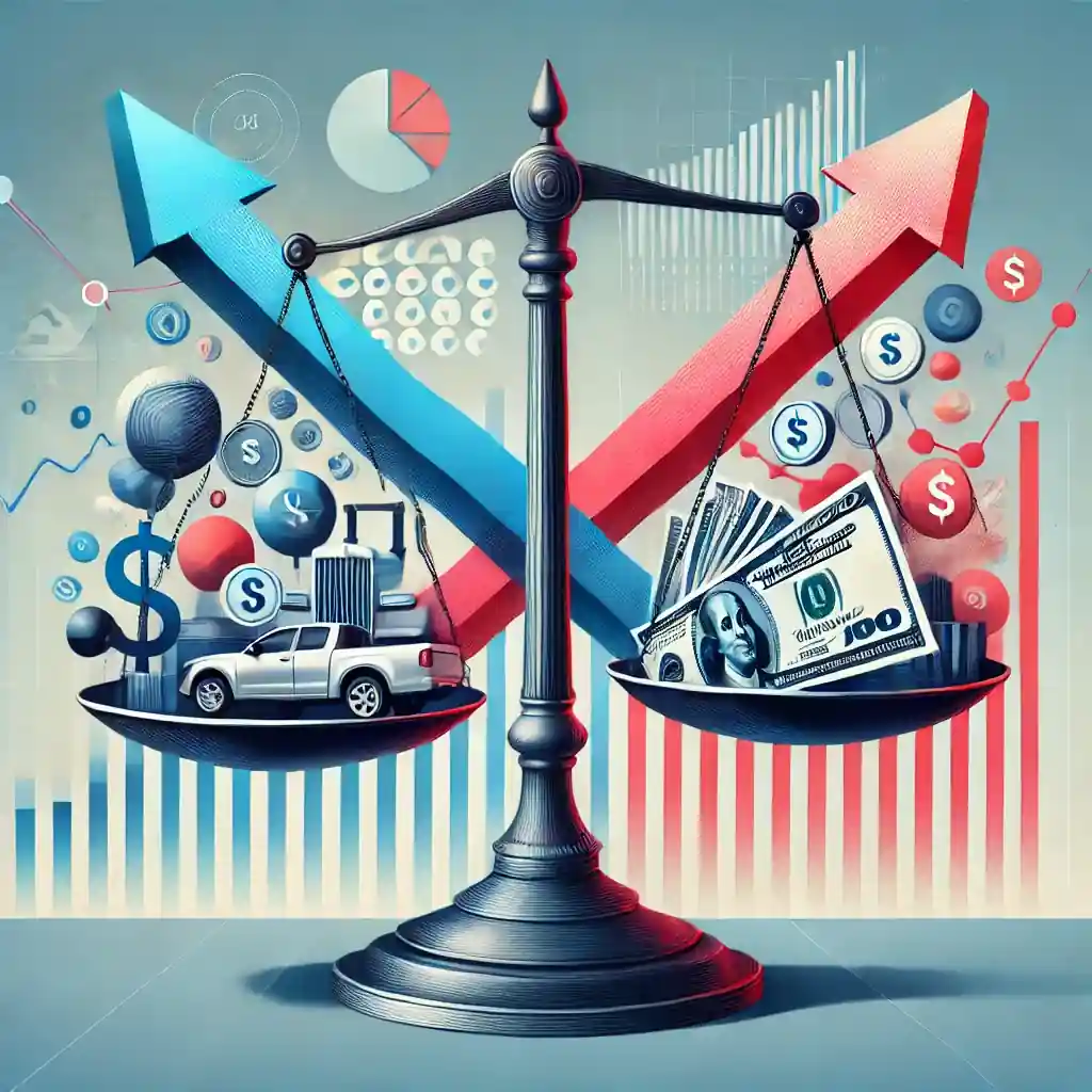 A modern depiction of the economic impact of tariffs, featuring a balance scale with goods and currency, surrounded by inflation and deflation symbols in an abstract background.
