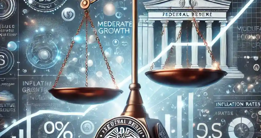 A professional digital illustration showcasing the Federal Reserve's economic insights, with growth charts, inflation indicators, and employment figures, symbolizing stability and cautious optimism.