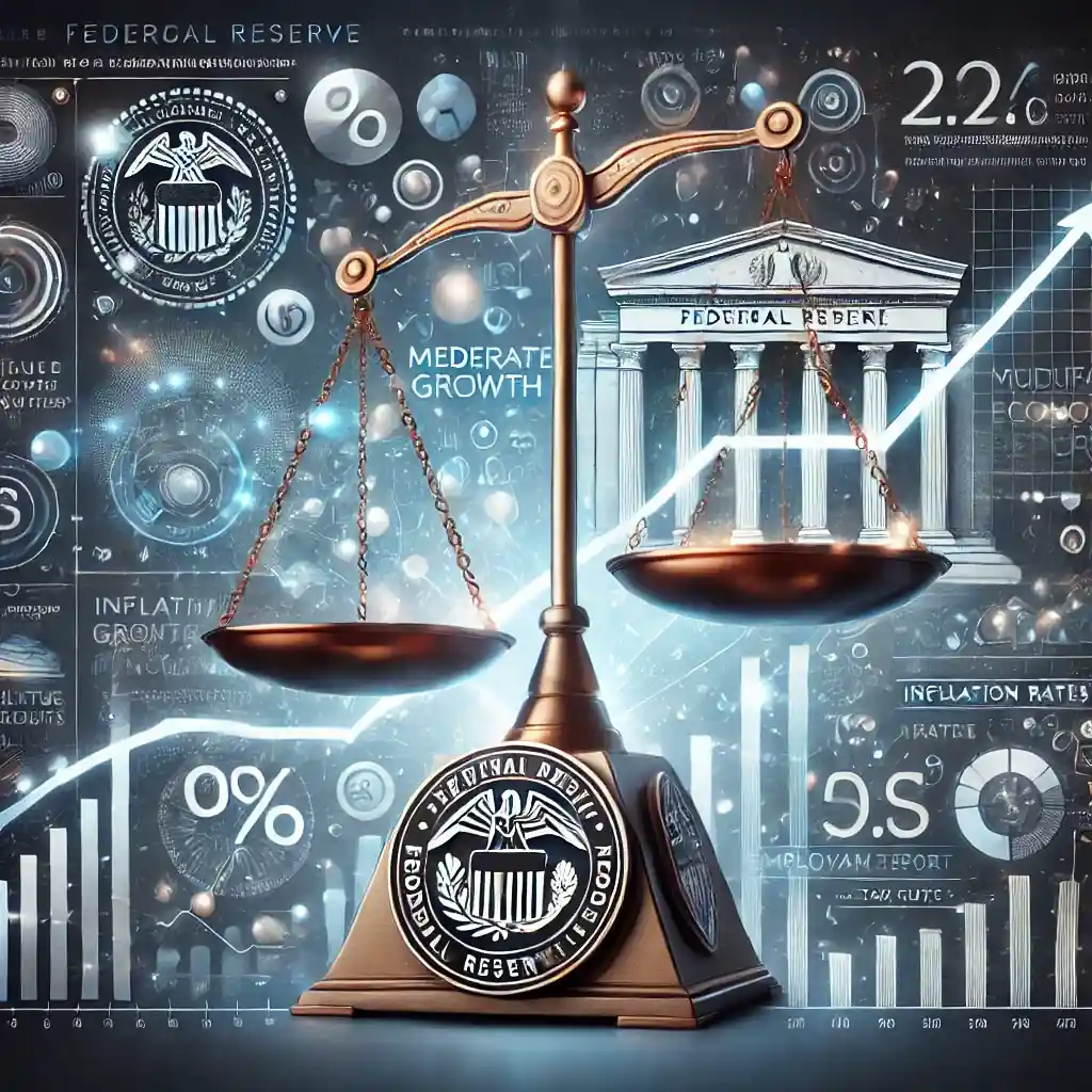 A professional digital illustration showcasing the Federal Reserve's economic insights, with growth charts, inflation indicators, and employment figures, symbolizing stability and cautious optimism.