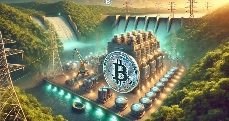 Illustration montrant l'expansion minière de Bitcoin de HIVE au Paraguay, avec une installation high-tech et une énergie hydroélectrique durable.