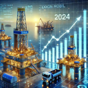 Illustration d'Exxon Mobil montrant une plateforme de forage avancée et une raffinerie, accompagnées d'un graphique financier indiquant la croissance des bénéfices en 2024.