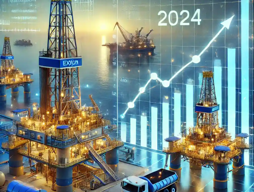 Illustration d'Exxon Mobil montrant une plateforme de forage avancée et une raffinerie, accompagnées d'un graphique financier indiquant la croissance des bénéfices en 2024.