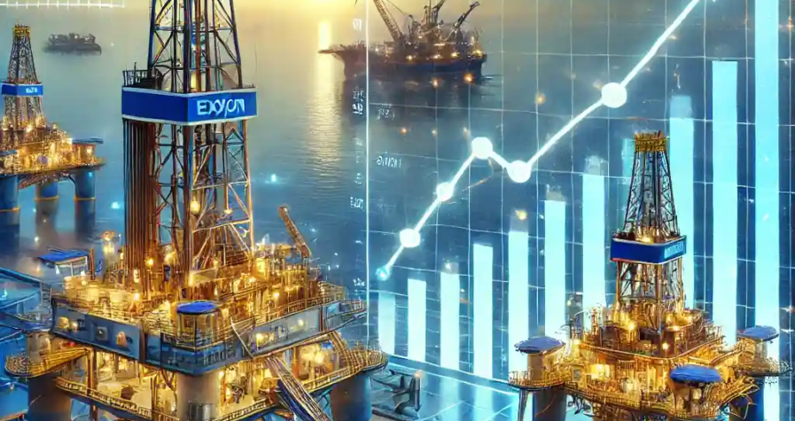 Illustration d'Exxon Mobil montrant une plateforme de forage avancée et une raffinerie, accompagnées d'un graphique financier indiquant la croissance des bénéfices en 2024.