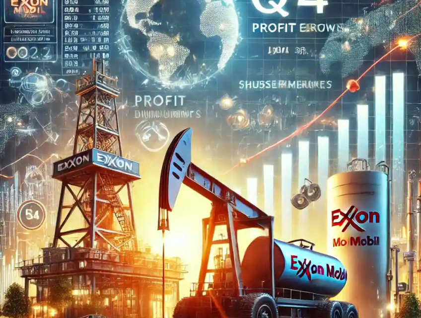 An illustration featuring an oil rig and refinery with financial charts showing Exxon Mobil’s profit growth, stock market trends, and shareholder returns