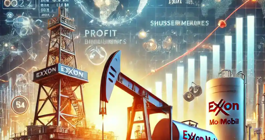 An illustration featuring an oil rig and refinery with financial charts showing Exxon Mobil’s profit growth, stock market trends, and shareholder returns
