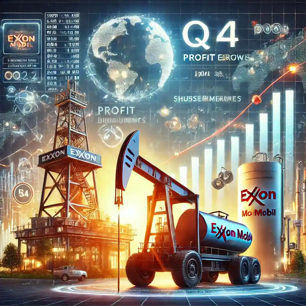 An illustration featuring an oil rig and refinery with financial charts showing Exxon Mobil’s profit growth, stock market trends, and shareholder returns