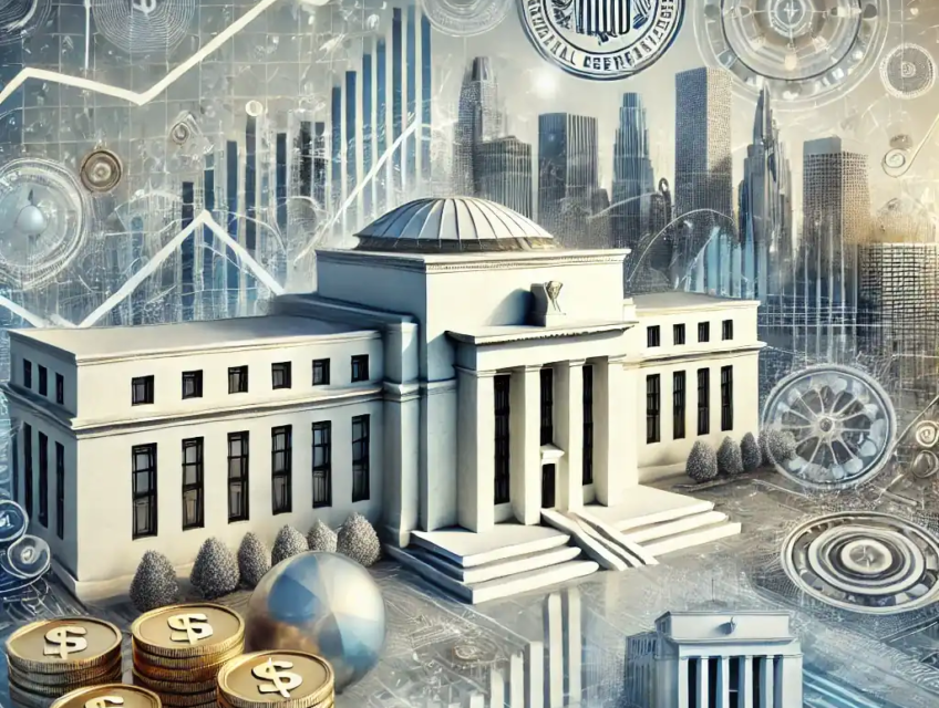 A professional digital illustration of the Federal Reserve building in a futuristic style, surrounded by symbols of economic growth, inflation, and bond yields, using a sleek and modern design.