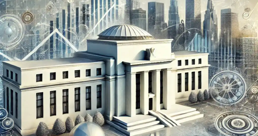 A professional digital illustration of the Federal Reserve building in a futuristic style, surrounded by symbols of economic growth, inflation, and bond yields, using a sleek and modern design.