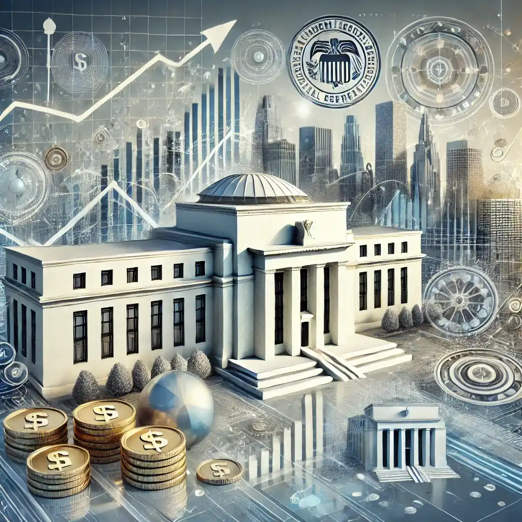 A professional digital illustration of the Federal Reserve building in a futuristic style, surrounded by symbols of economic growth, inflation, and bond yields, using a sleek and modern design.