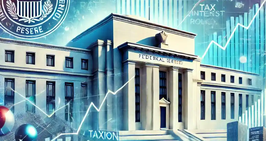 An illustration of the Federal Reserve building with financial charts, tax documents, inflation indicators, and stock market fluctuations.