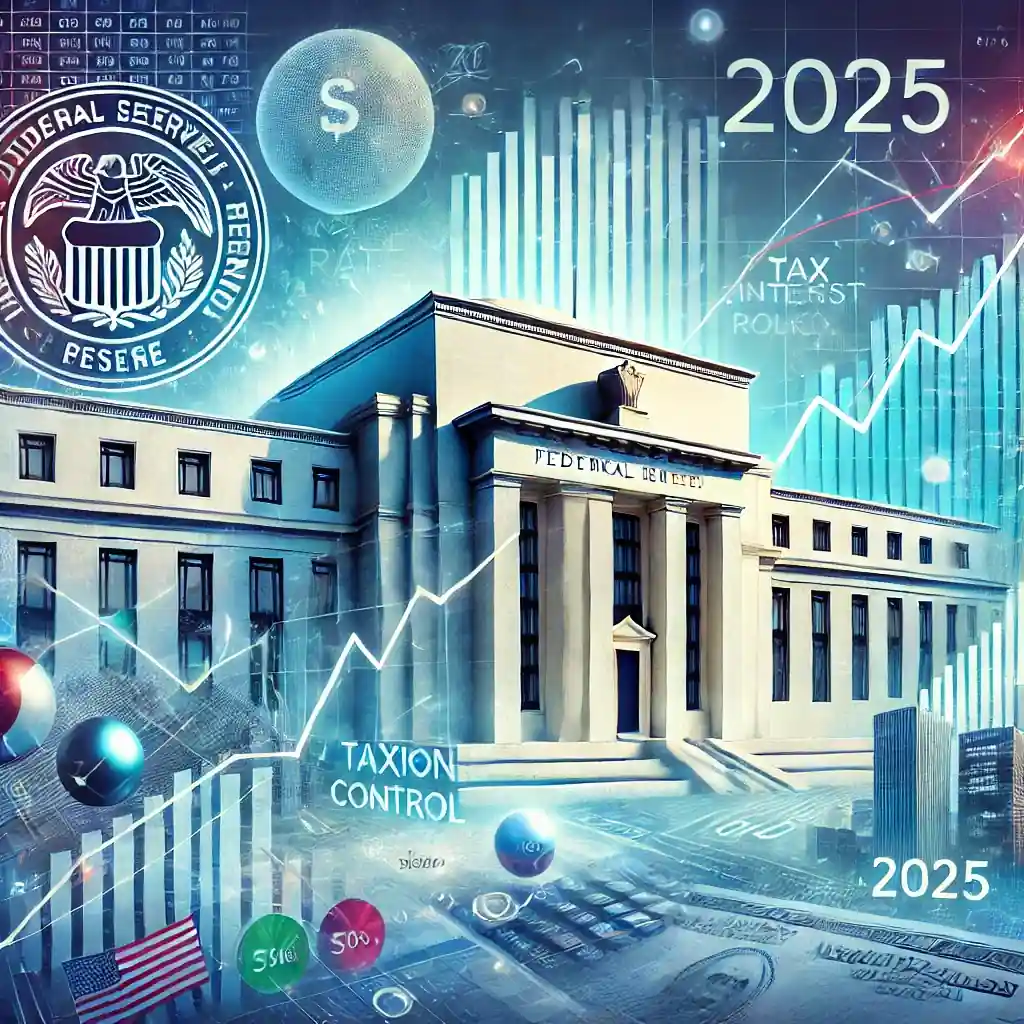 An illustration of the Federal Reserve building with financial charts, tax documents, inflation indicators, and stock market fluctuations.