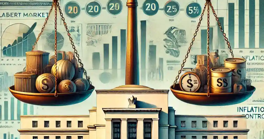 A detailed illustration of the Federal Reserve building in Washington D.C., featuring a balanced scale representing economic stability and inflation control. The background includes charts and visuals of economic activity and labor market indicators.
