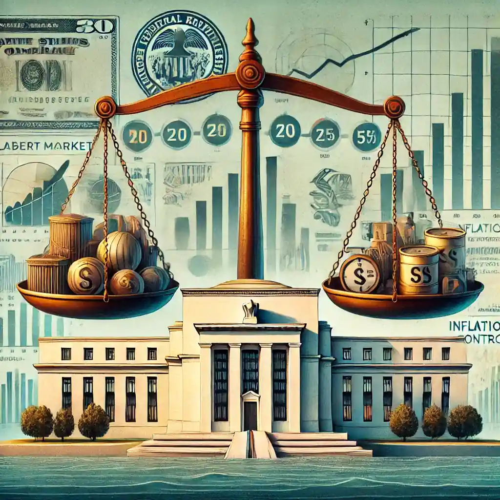 A detailed illustration of the Federal Reserve building in Washington D.C., featuring a balanced scale representing economic stability and inflation control. The background includes charts and visuals of economic activity and labor market indicators.