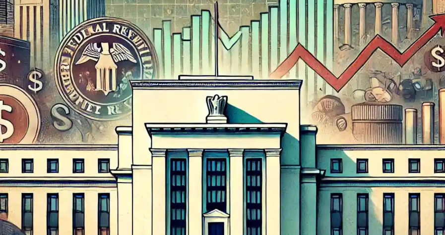 An illustration of the Federal Reserve building with graphs, dollar bills, and coins representing interest rate decisions and inflation trends.
