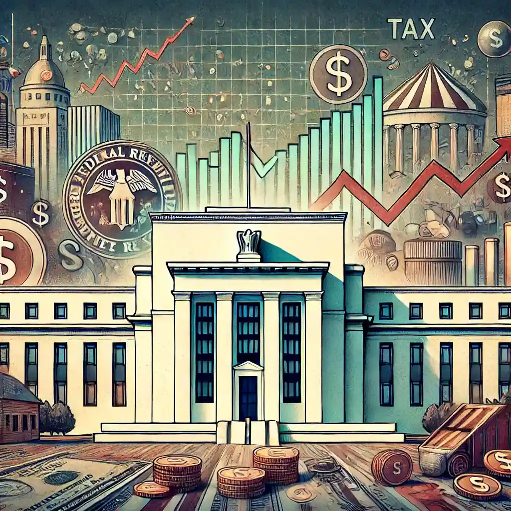 An illustration of the Federal Reserve building with graphs, dollar bills, and coins representing interest rate decisions and inflation trends.