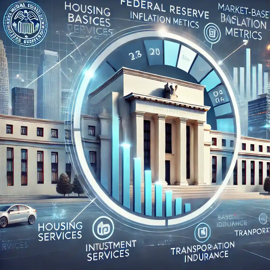 A digital illustration showcasing market-based inflation metrics, with charts comparing traditional inflation measures and market-focused data, emphasizing excluded sectors like housing and insurance