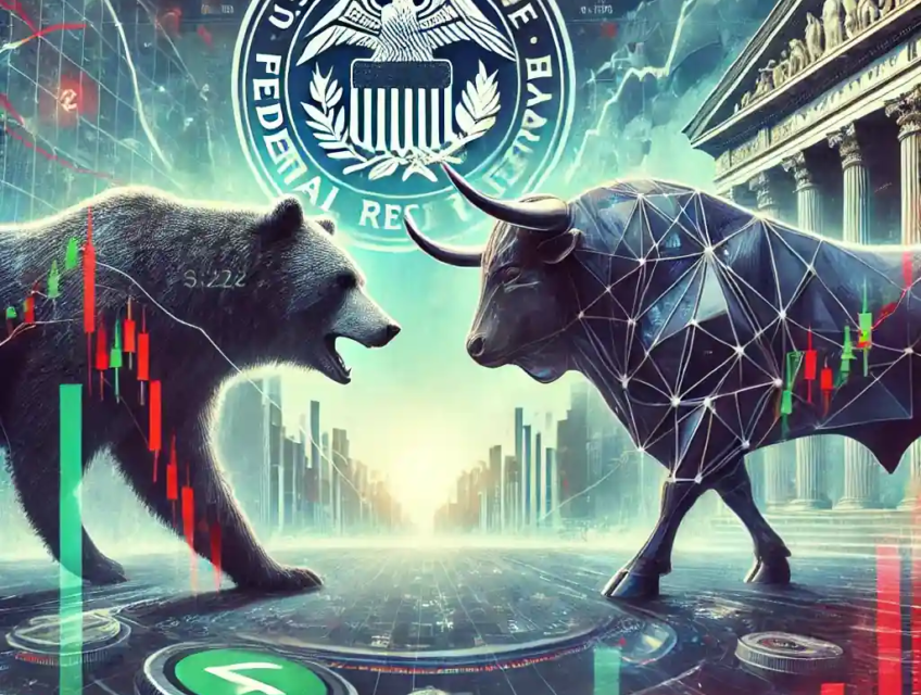 A digital illustration depicting stock market volatility, with a bear and bull facing off amidst fluctuating charts, symbolic of market uncertainty and inflation fears.