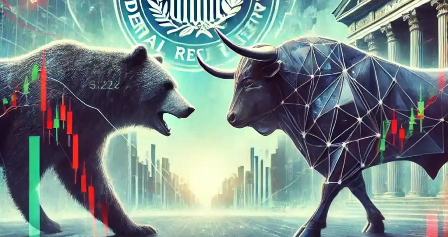 A digital illustration depicting stock market volatility, with a bear and bull facing off amidst fluctuating charts, symbolic of market uncertainty and inflation fears.