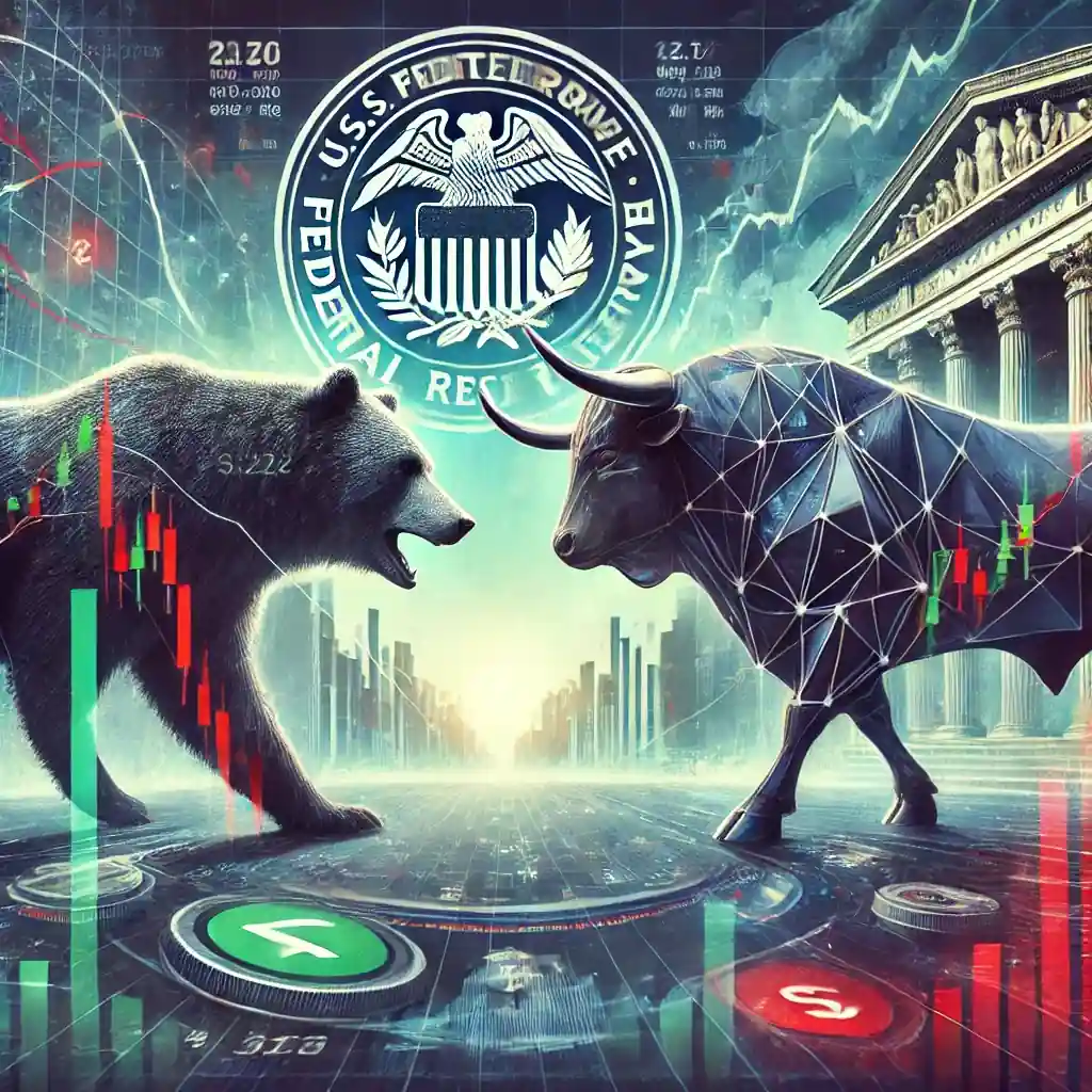A digital illustration depicting stock market volatility, with a bear and bull facing off amidst fluctuating charts, symbolic of market uncertainty and inflation fears.