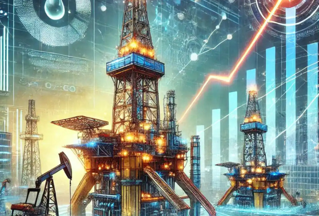 A detailed and futuristic depiction of Flowco Holdings' IPO launch, integrating oilfield service visuals and financial growth indicators.