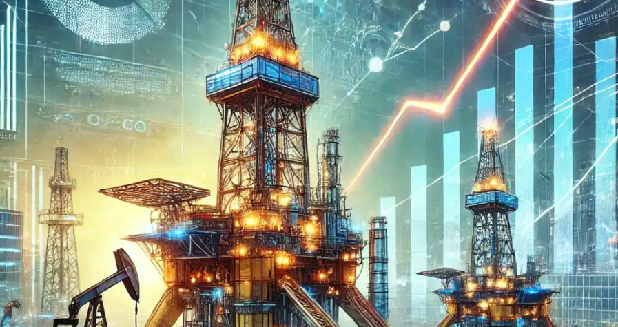 A detailed and futuristic depiction of Flowco Holdings' IPO launch, integrating oilfield service visuals and financial growth indicators.