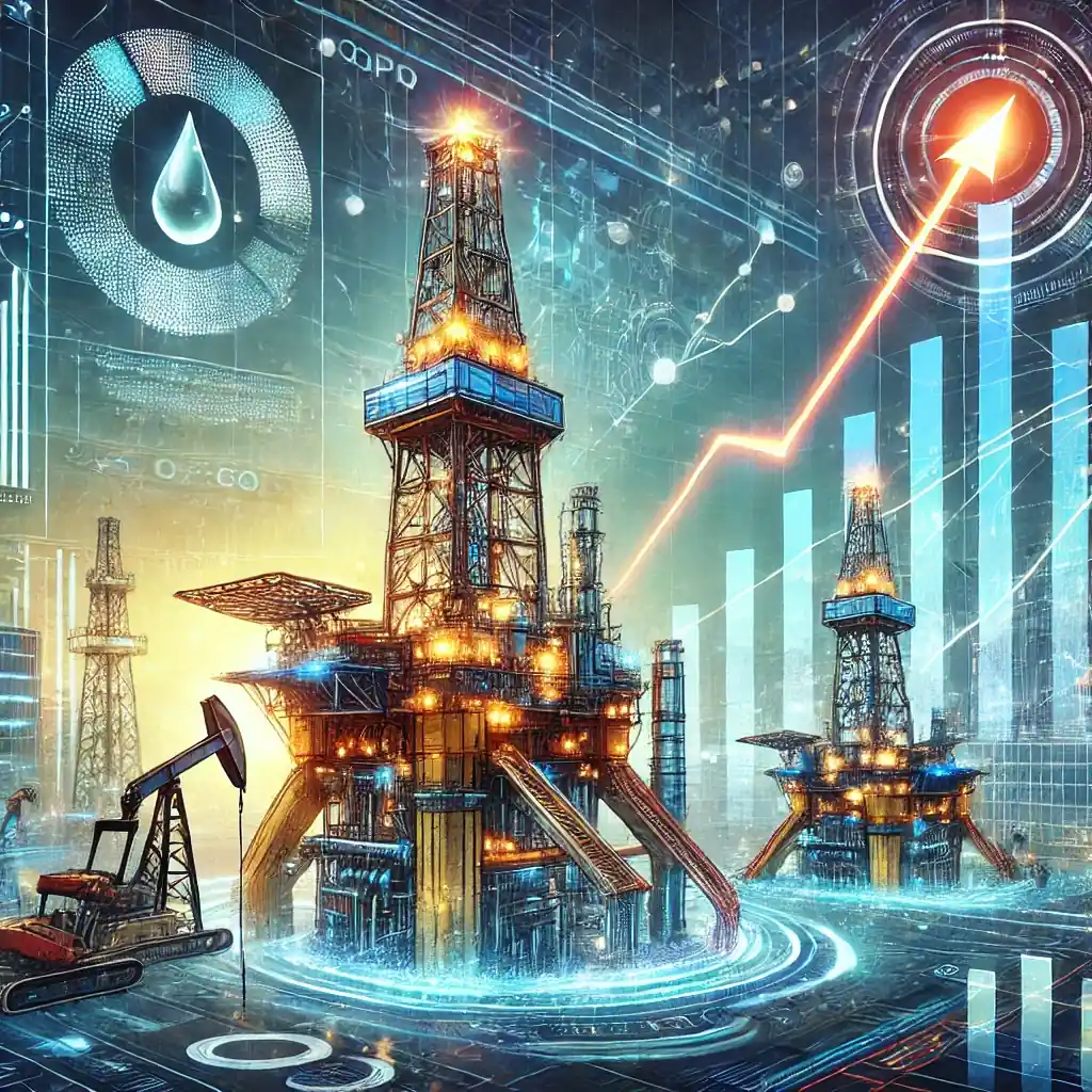 A detailed and futuristic depiction of Flowco Holdings' IPO launch, integrating oilfield service visuals and financial growth indicators.
