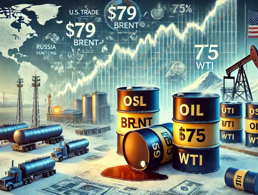 Illustration des fluctuations des prix du pétrole avec des barils marqués $79 Brent et $75 WTI, des graphiques de baisse, et des réservoirs de stockages.
