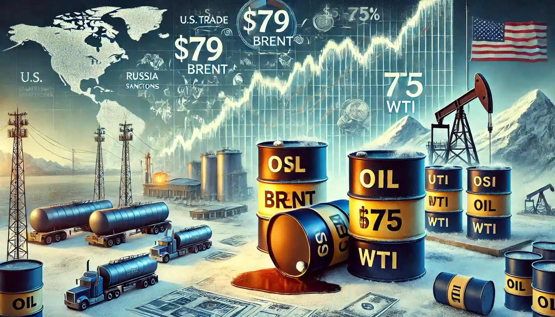 Illustration des fluctuations des prix du pétrole avec des barils marqués $79 Brent et $75 WTI, des graphiques de baisse, et des réservoirs de stockages.