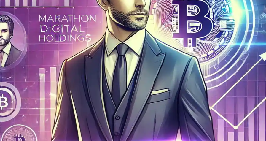 Illustration moderne représentant Fred Thiel, PDG de Marathon Digital Holdings, avec des symboles de Bitcoin et des graphiques financiers en arrière-plan, sur une palette de tons violets.