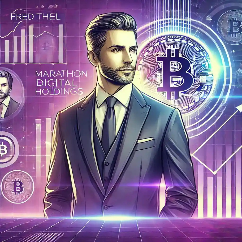 Illustration moderne représentant Fred Thiel, PDG de Marathon Digital Holdings, avec des symboles de Bitcoin et des graphiques financiers en arrière-plan, sur une palette de tons violets.